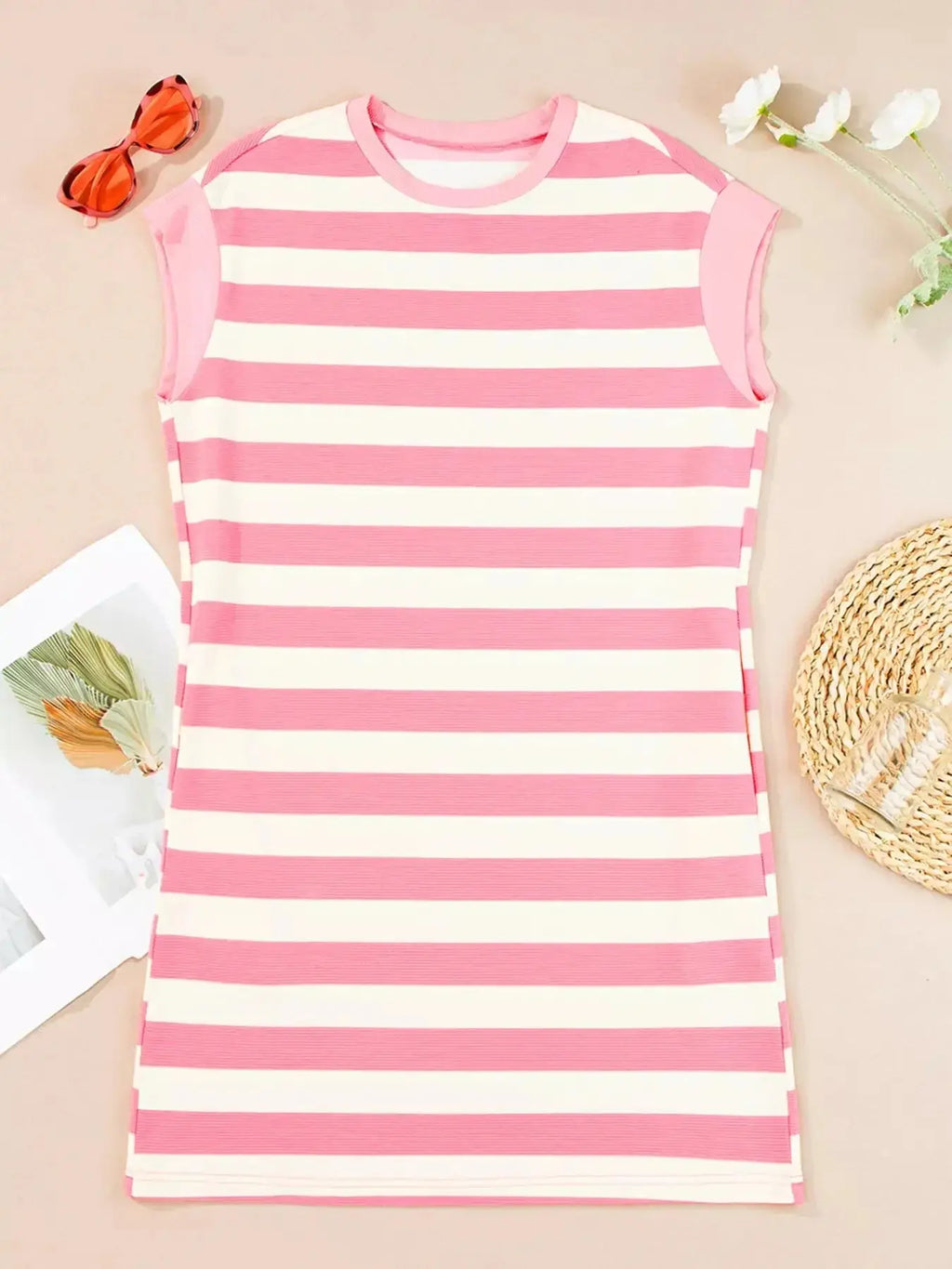 Stripe Cap Sleeve Pocketed Shift Dress - Plush Fashion Hub