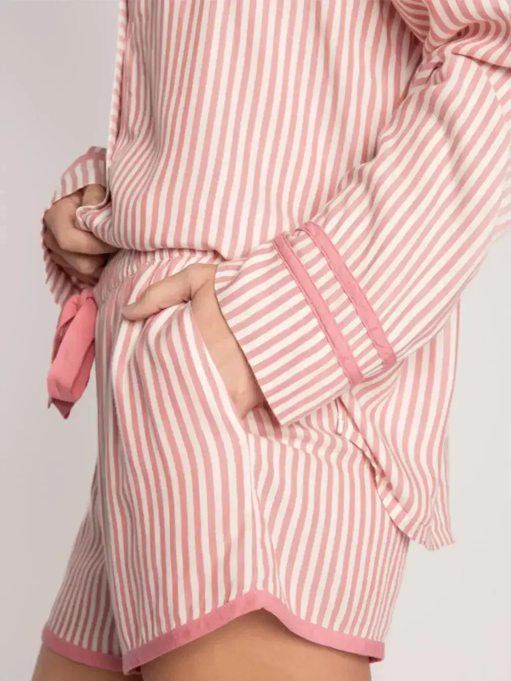 Striped Collared Neck Long Sleeve Top and Shorts Lounge Set - Plush Fashion Hub