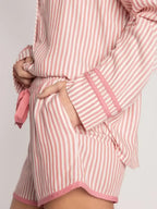 Striped Collared Neck Long Sleeve Top and Shorts Lounge Set - Plush Fashion Hub
