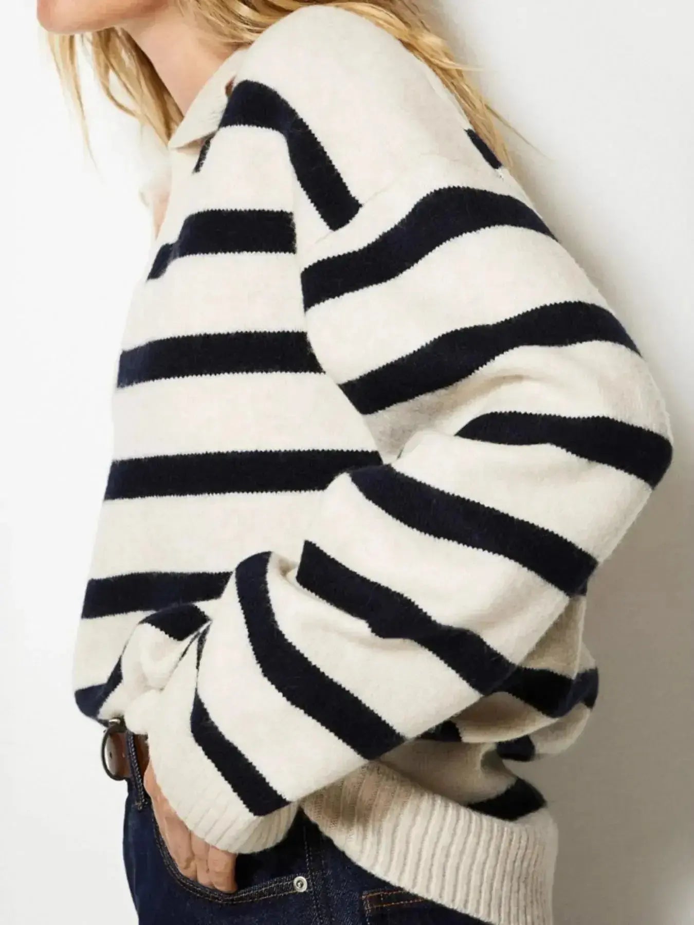 Striped Johnny Collar Long Sleeve Sweater - Plush Fashion Hub