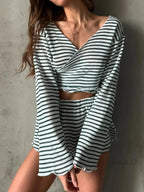 Striped Long Sleeve Top and Shorts Set - Plush Fashion Hub