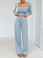 Striped Square Neck Long Sleeve Top and Pants Lounge Set - Plush Fashion Hub