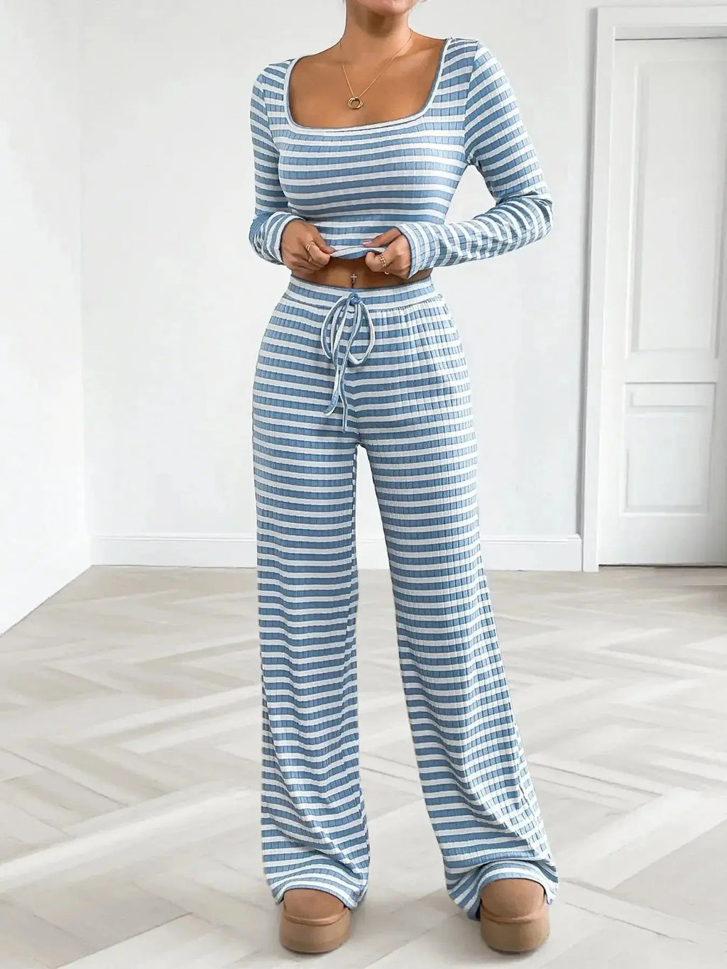 Striped Square Neck Long Sleeve Top and Pants Lounge Set - Plush Fashion Hub