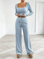 Striped Square Neck Long Sleeve Top and Pants Lounge Set - Plush Fashion Hub