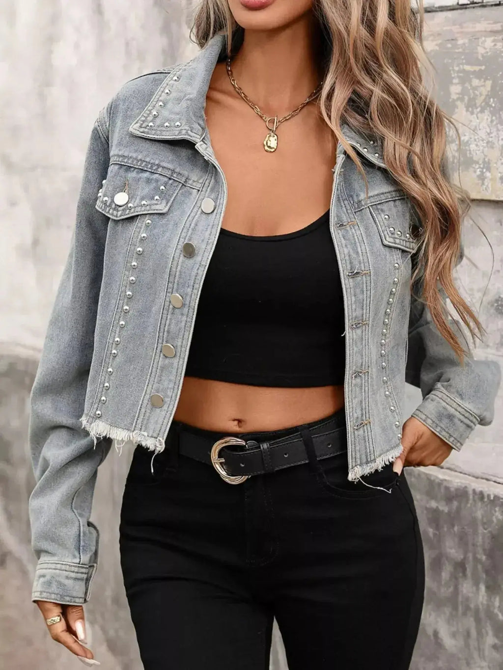 Studded Raw Hem Denim Jacket - Plush Fashion Hub