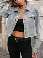 Studded Raw Hem Denim Jacket - Plush Fashion Hub