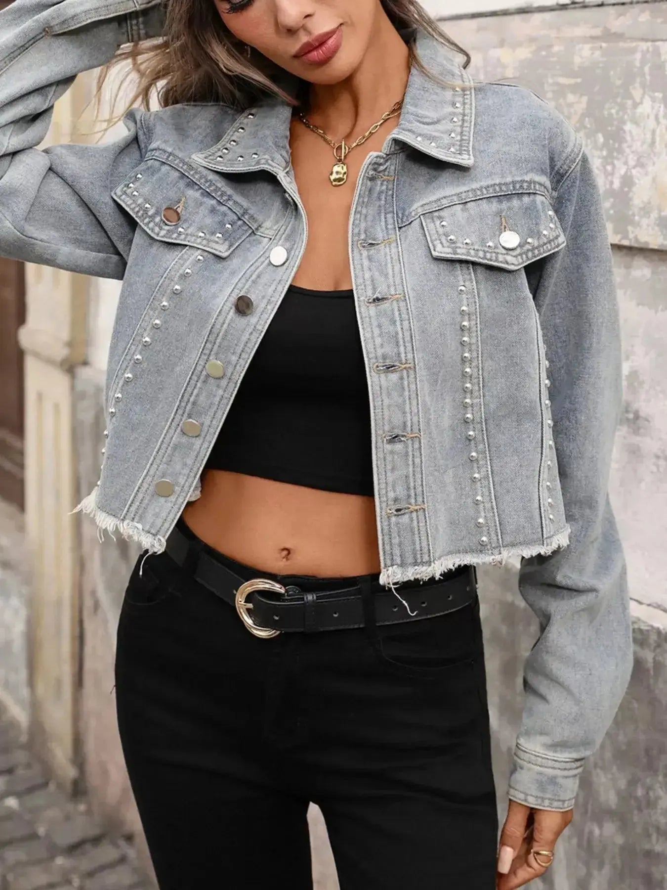 Studded Raw Hem Denim Jacket - Plush Fashion Hub