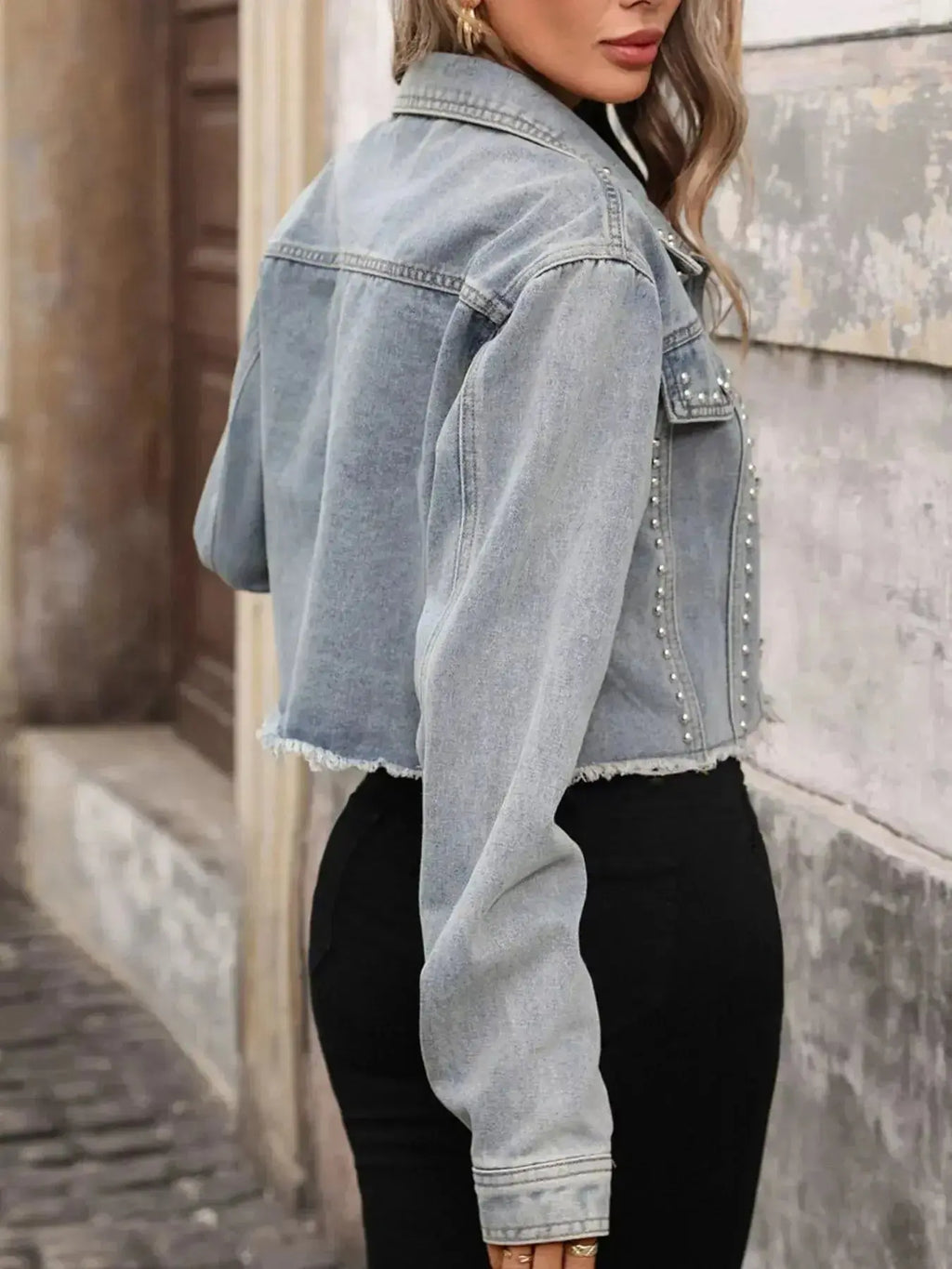 Studded Raw Hem Denim Jacket - Plush Fashion Hub