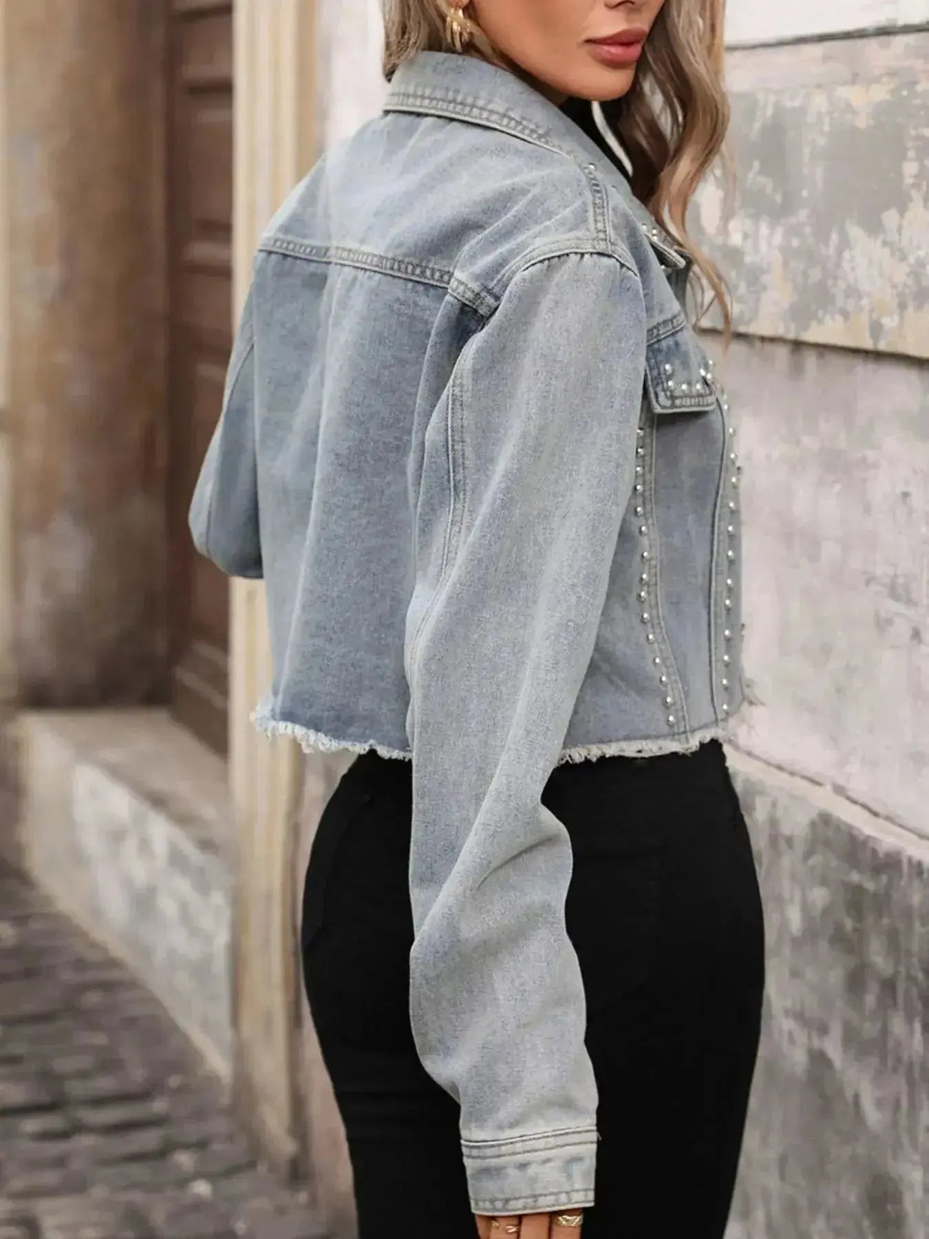 Studded Raw Hem Denim Jacket - Plush Fashion Hub