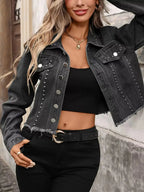 Studded Raw Hem Denim Jacket - Plush Fashion Hub