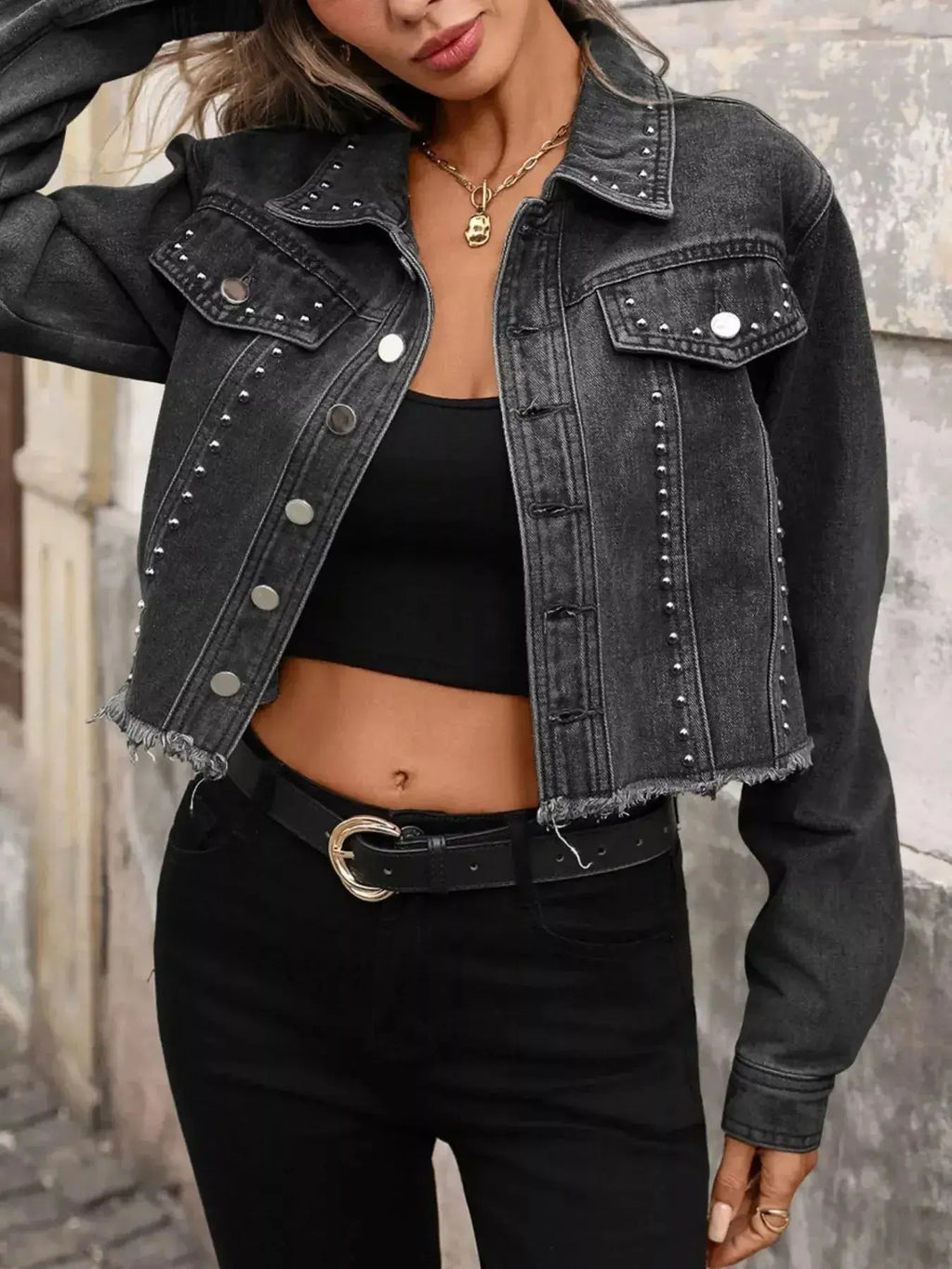 Studded Raw Hem Denim Jacket - Plush Fashion Hub