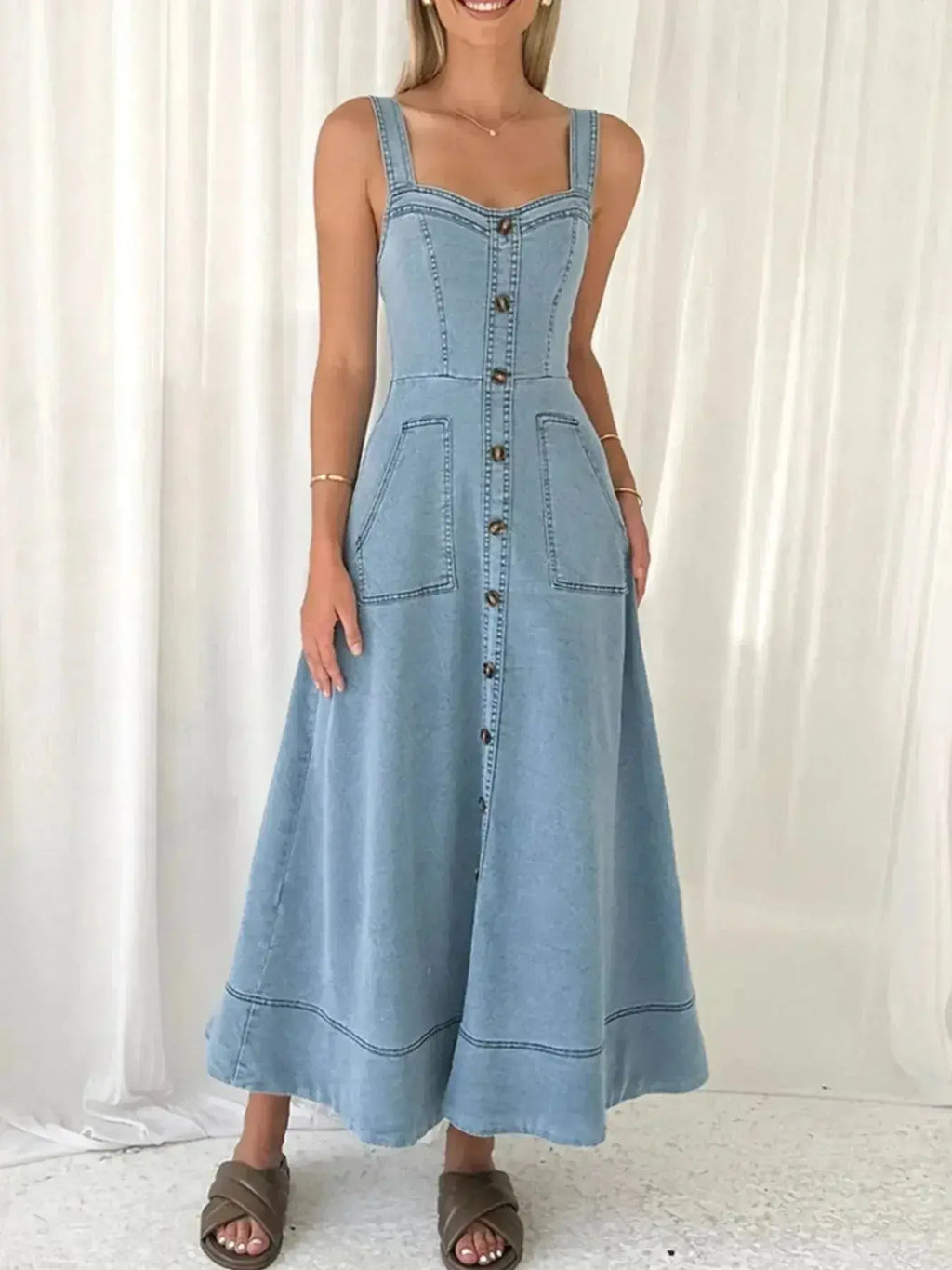 Wide Strap Sweetheart Neck Denim Dress - Plush Fashion Hub