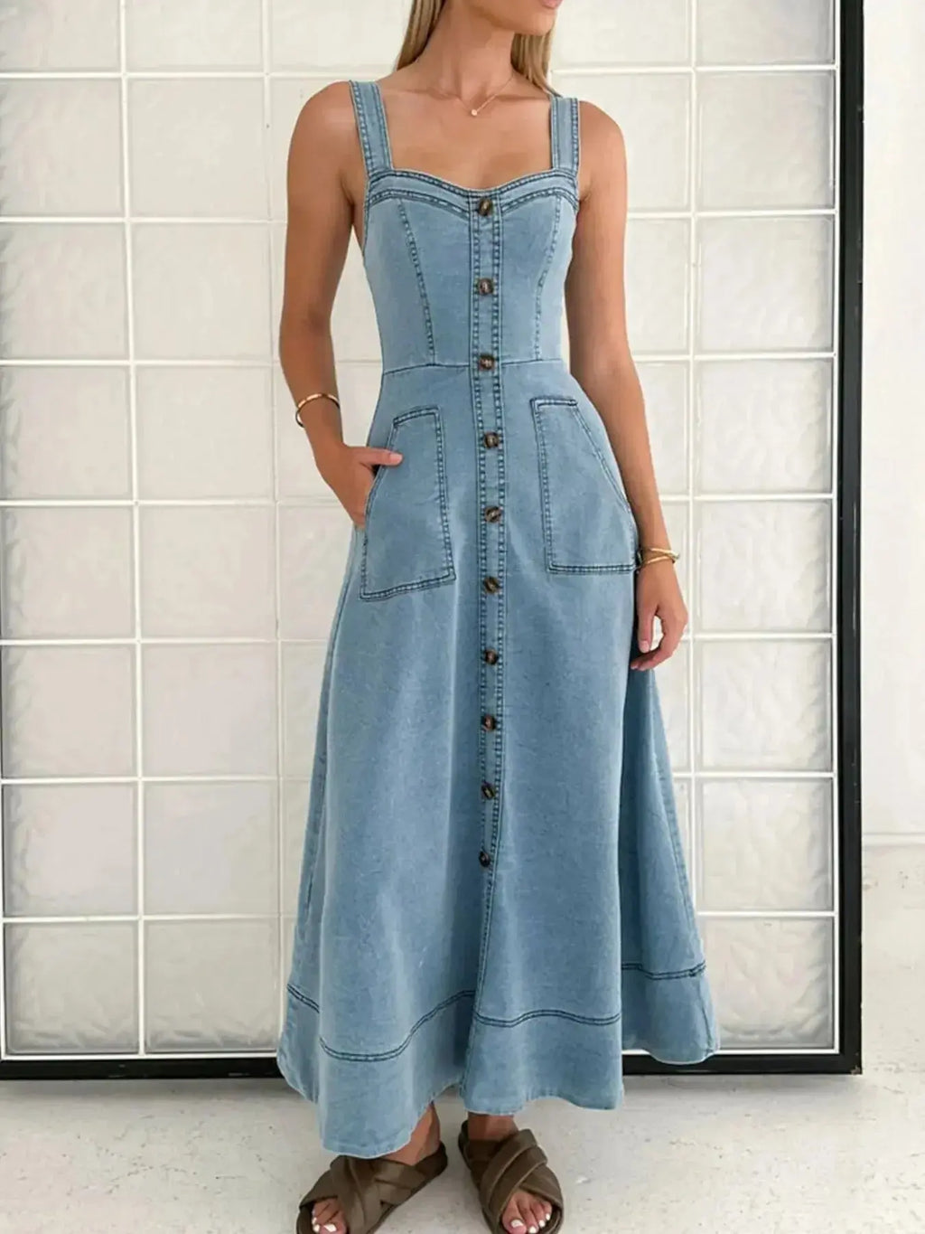 Wide Strap Sweetheart Neck Denim Dress - Plush Fashion Hub