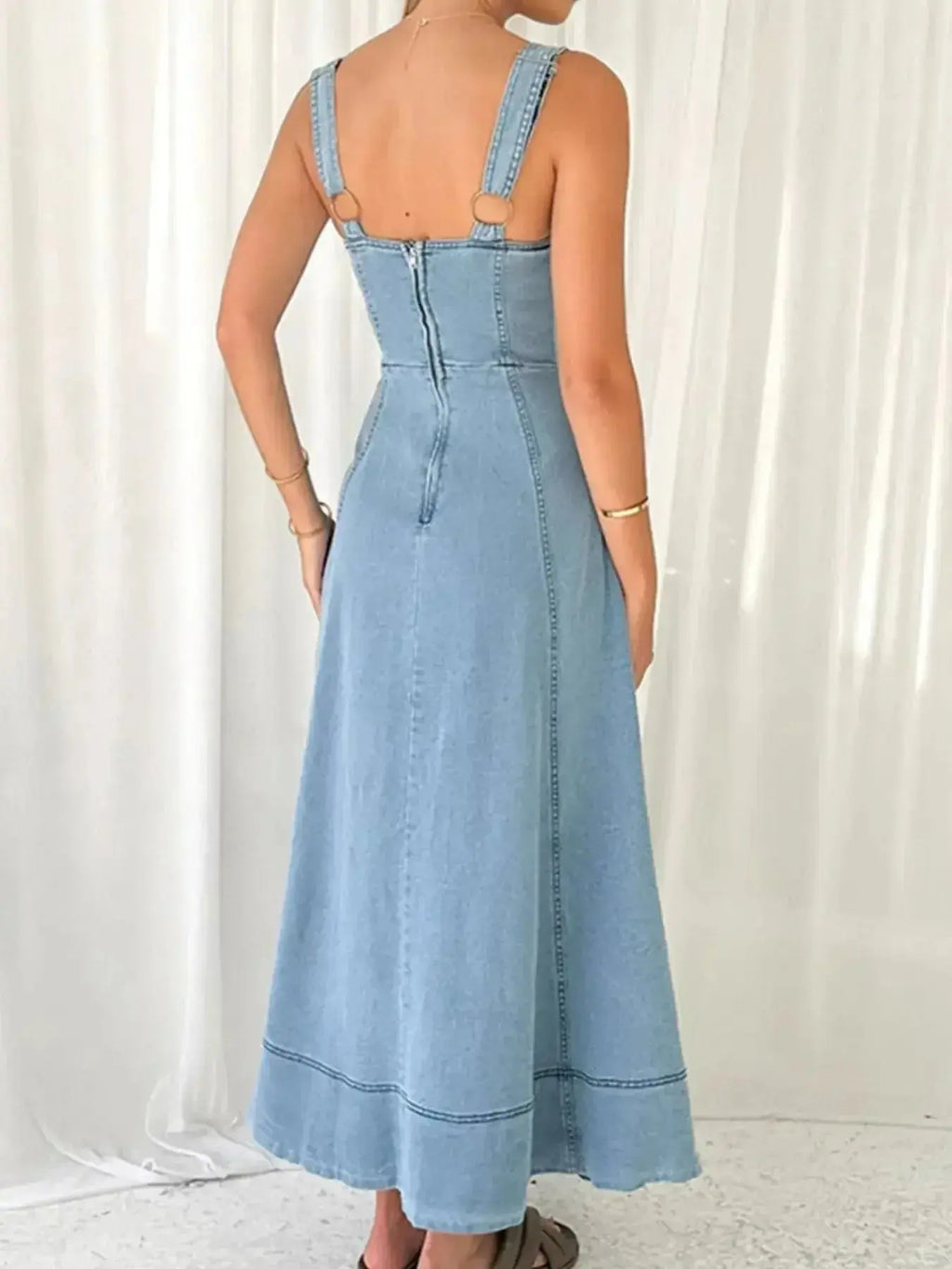 Wide Strap Sweetheart Neck Denim Dress - Plush Fashion Hub