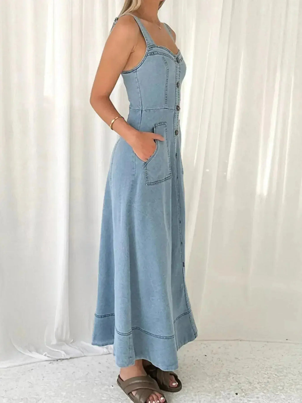 Wide Strap Sweetheart Neck Denim Dress - Plush Fashion Hub