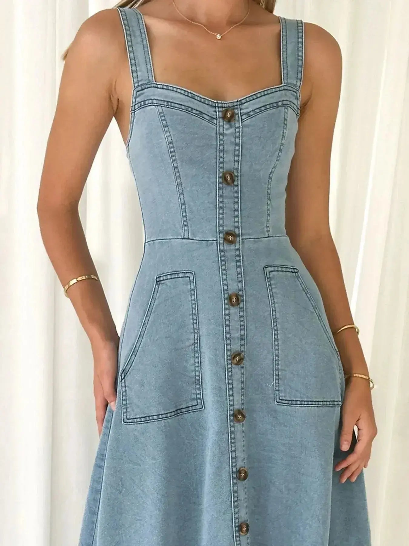 Wide Strap Sweetheart Neck Denim Dress - Plush Fashion Hub