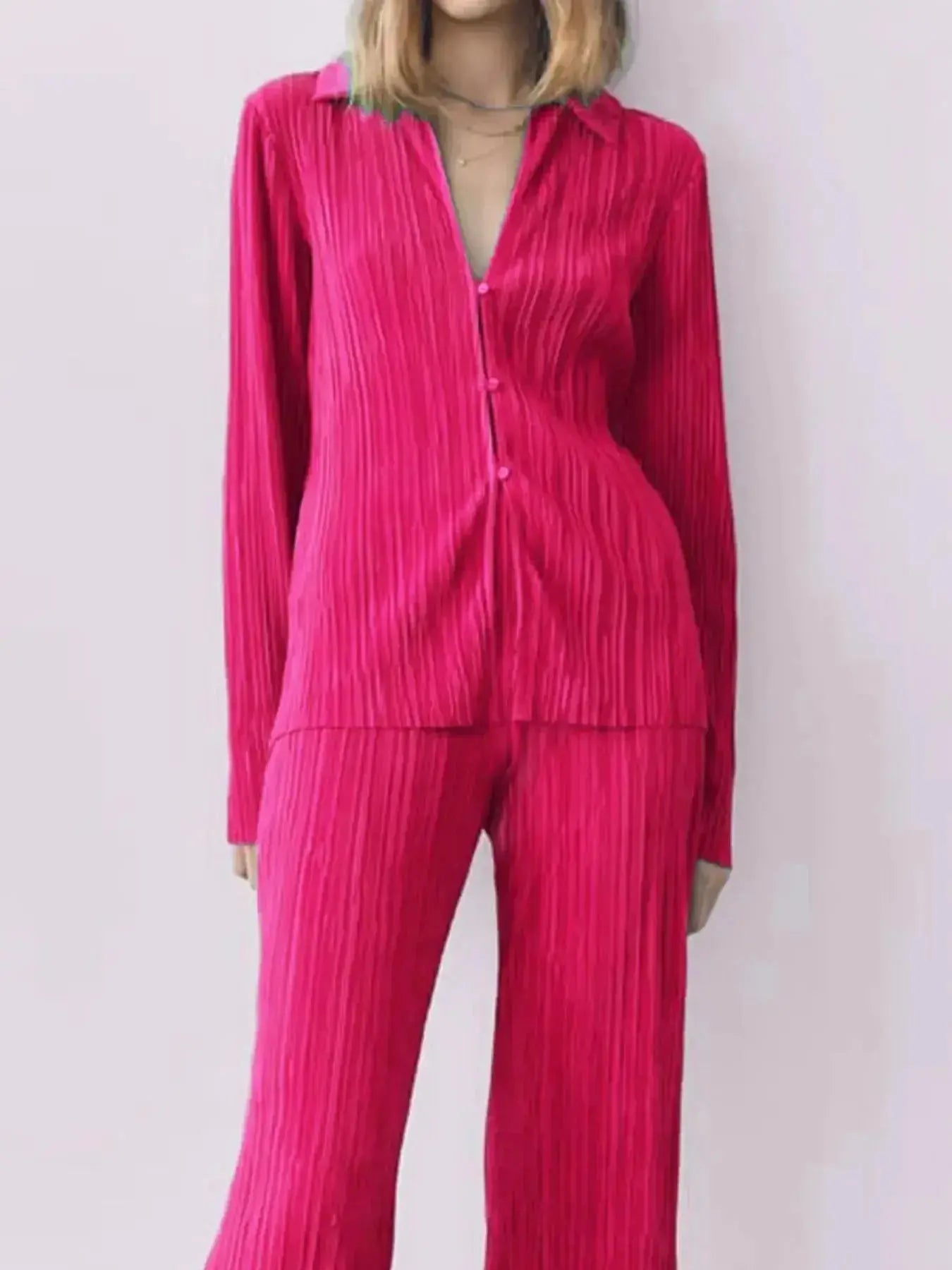Texture Long Sleeve Top and Pants Lounge Set - Plush Fashion Hub