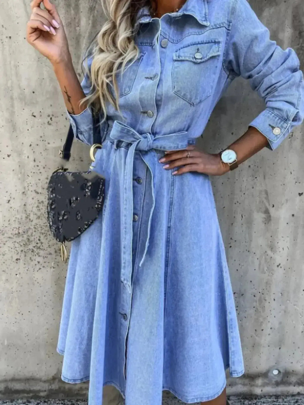 Full Size Tie Waist Button Front Denim Shirt Dress Plus Size - Plush Fashion Hub
