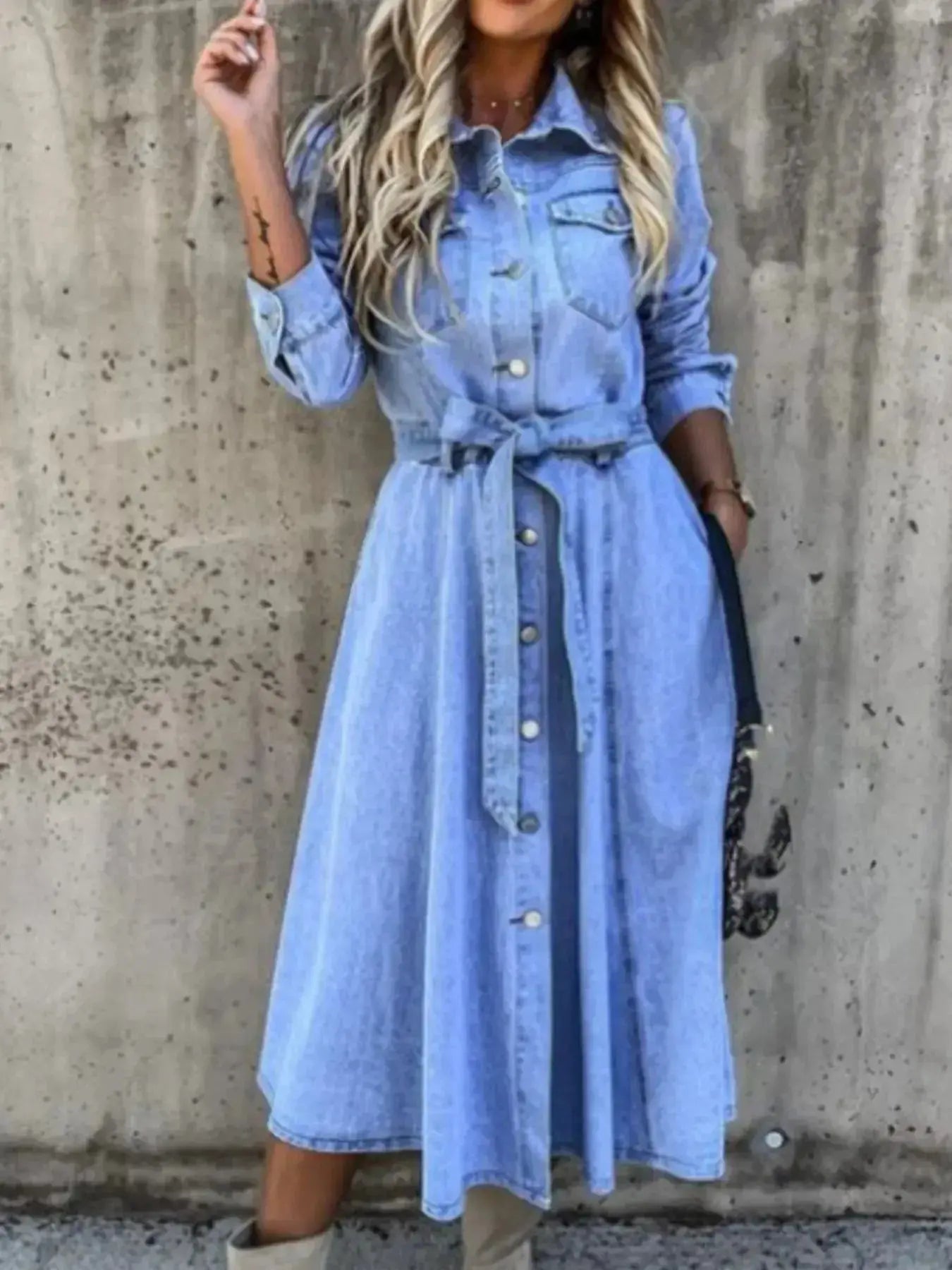 Full Size Tie Waist Button Front Denim Shirt Dress Plus Size - Plush Fashion Hub