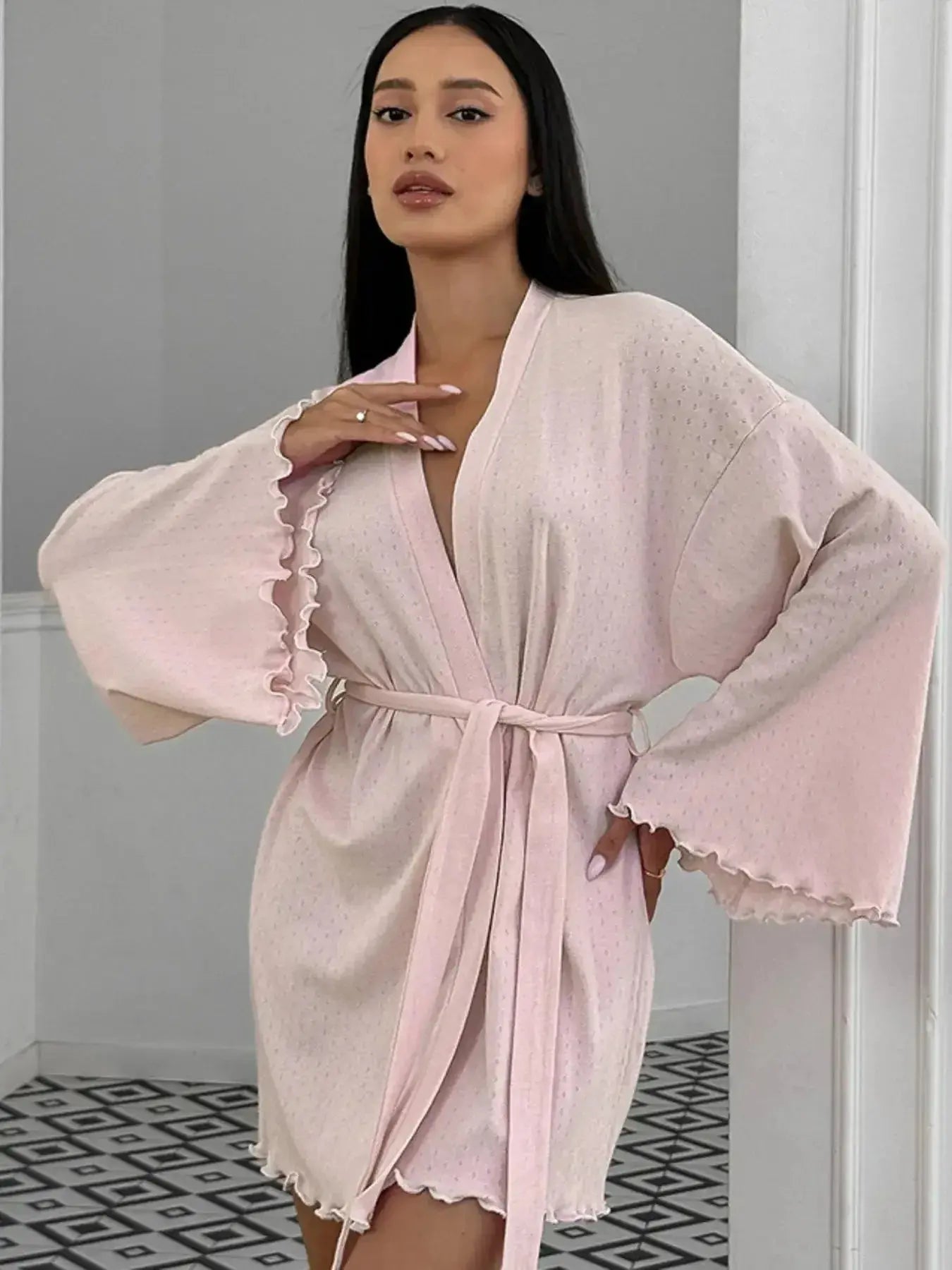 Women's tie waist kimono sleeve lounge nightgown made of soft cotton blend, featuring a relaxed fit and comfortable design.