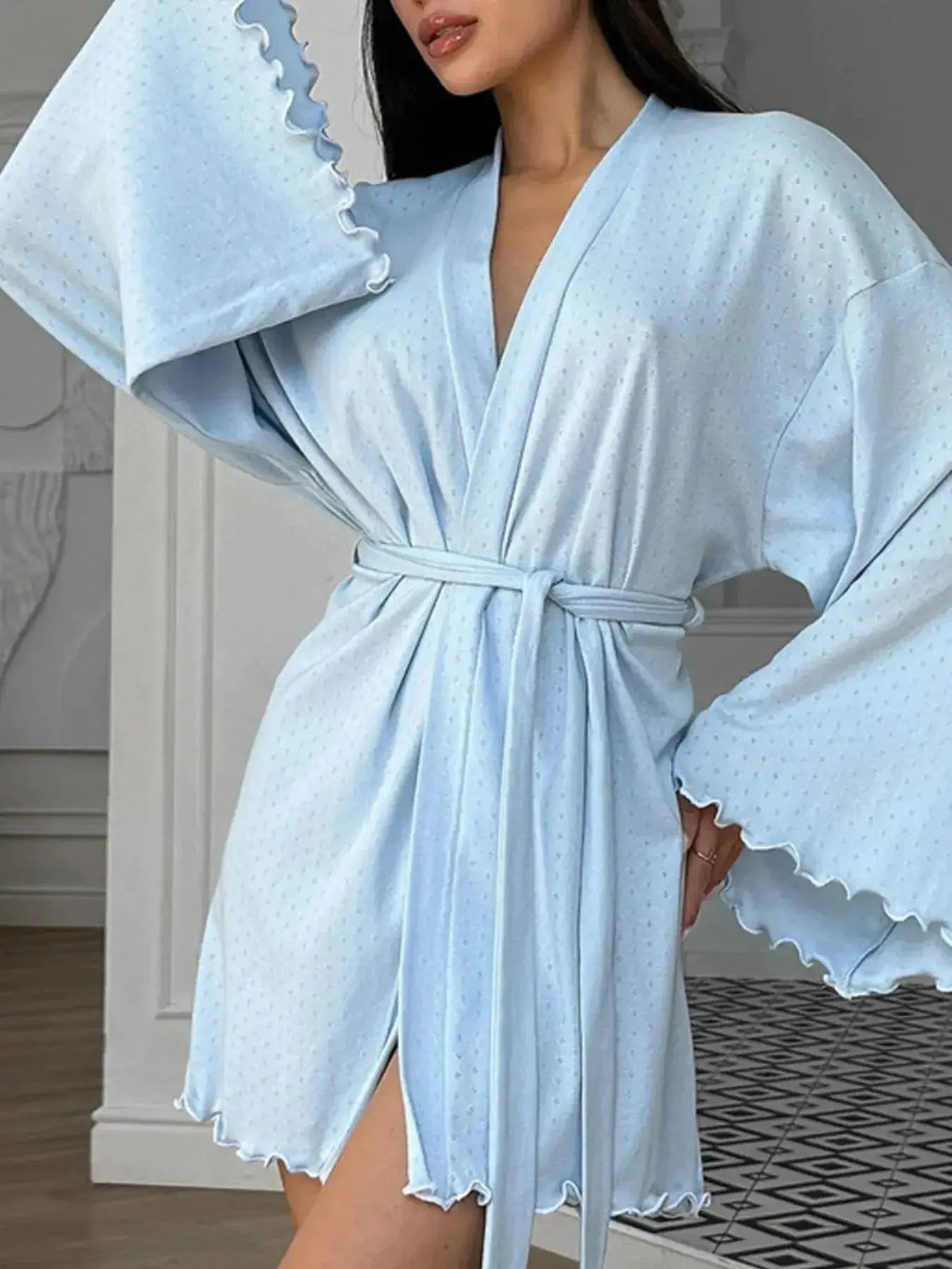 Tie Waist Kimono Sleeve Lounge Nightgown - Plush Fashion Hub