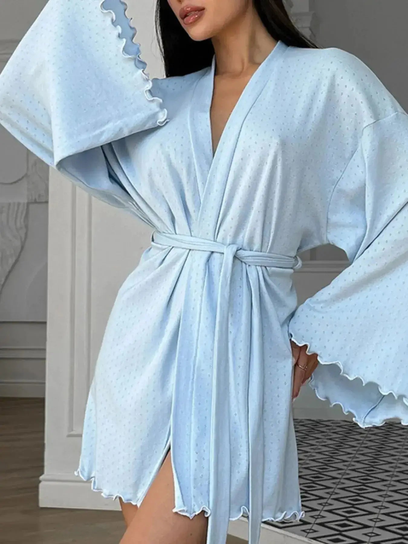 Tie Waist Kimono Sleeve Lounge Nightgown - Plush Fashion Hub