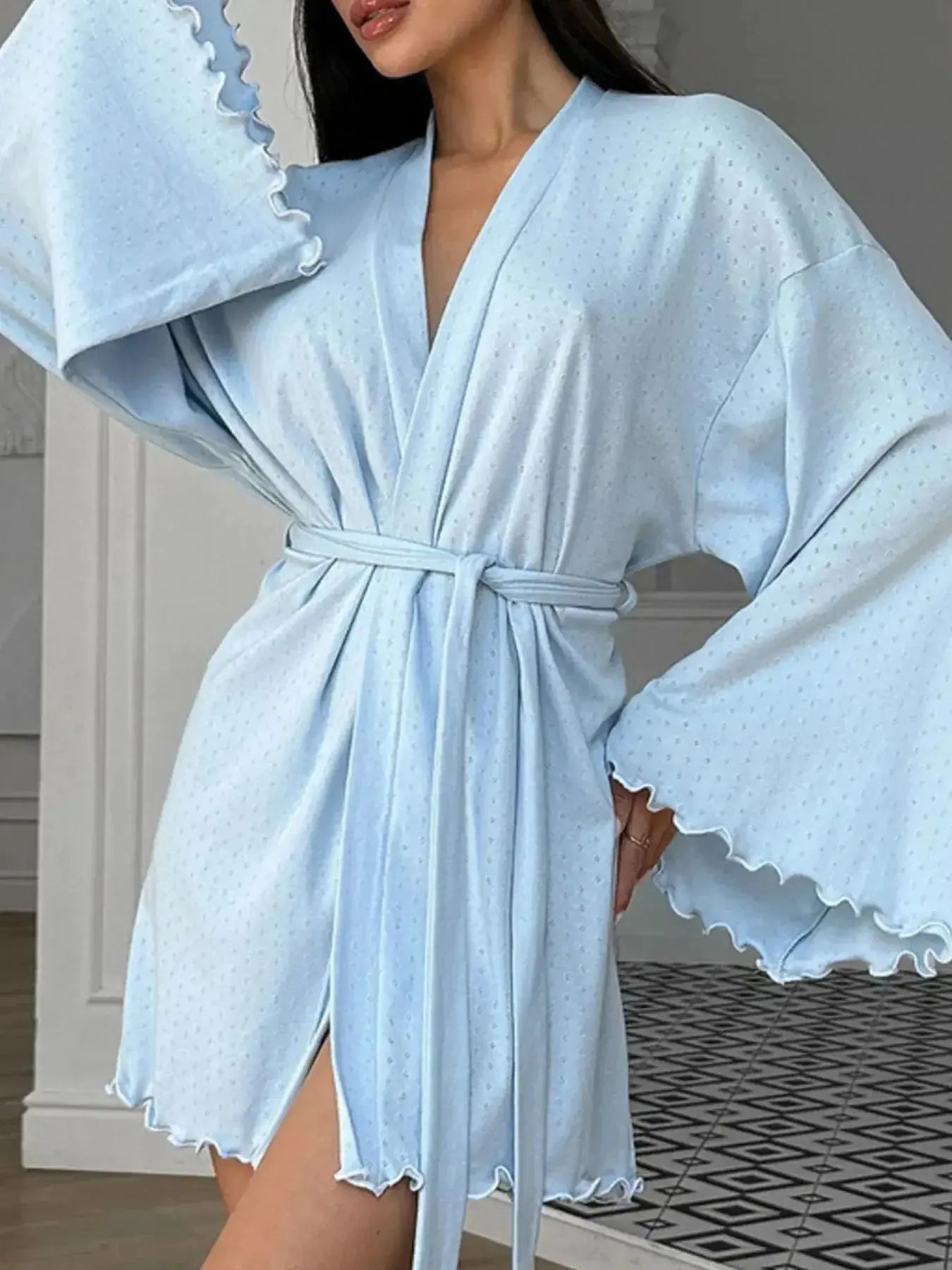 Tie Waist Kimono Sleeve Lounge Nightgown - Plush Fashion Hub
