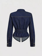 Tie Waist Long Sleeve Denim Jacket - Plush Fashion Hub