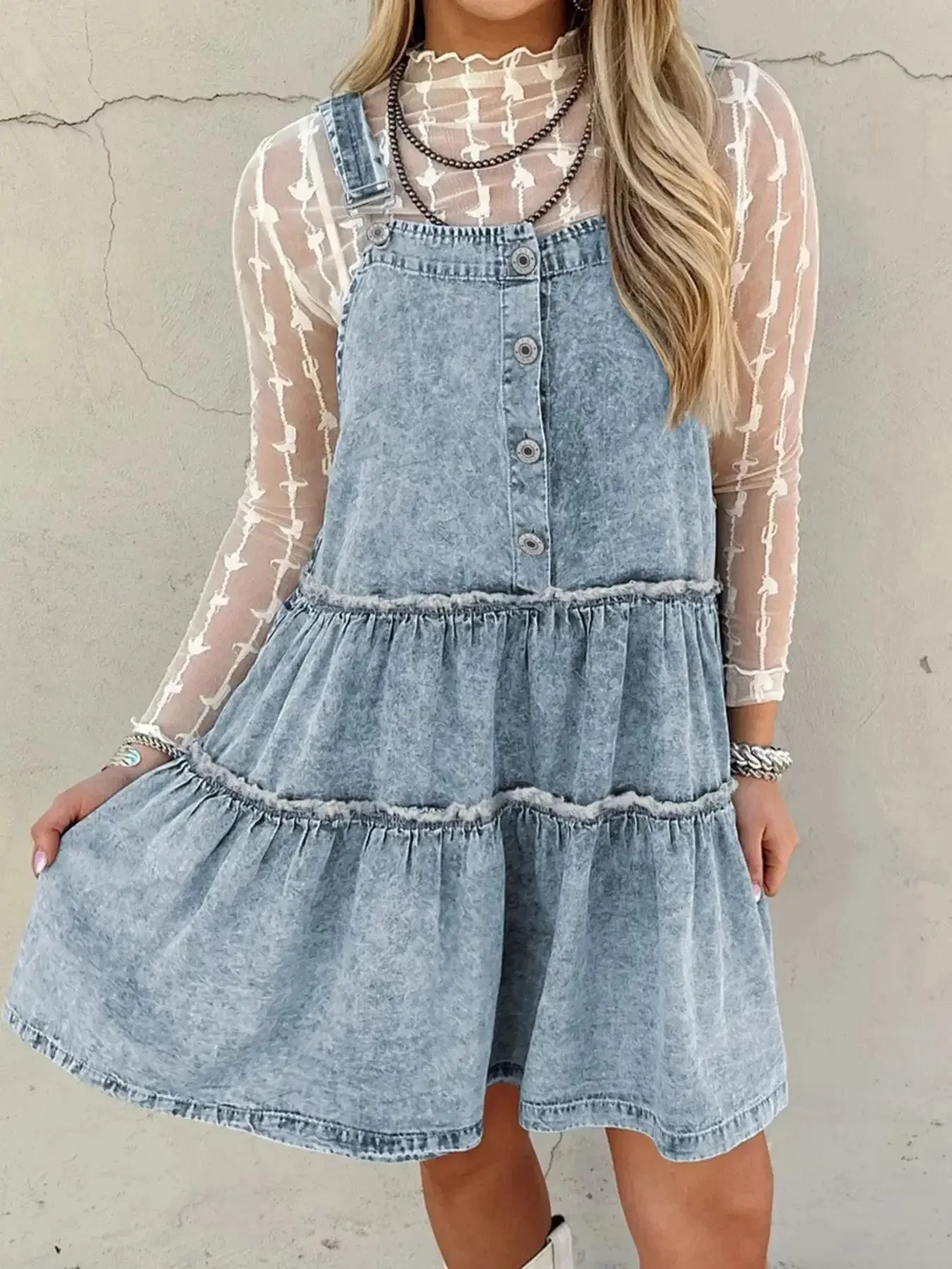 Tiered Flowy Overall Denim Dress - Plush Fashion Hub