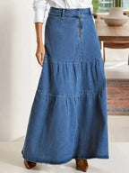Tiered Maxi Denim Skirt with Zipper Detail - Plush Fashion Hub
