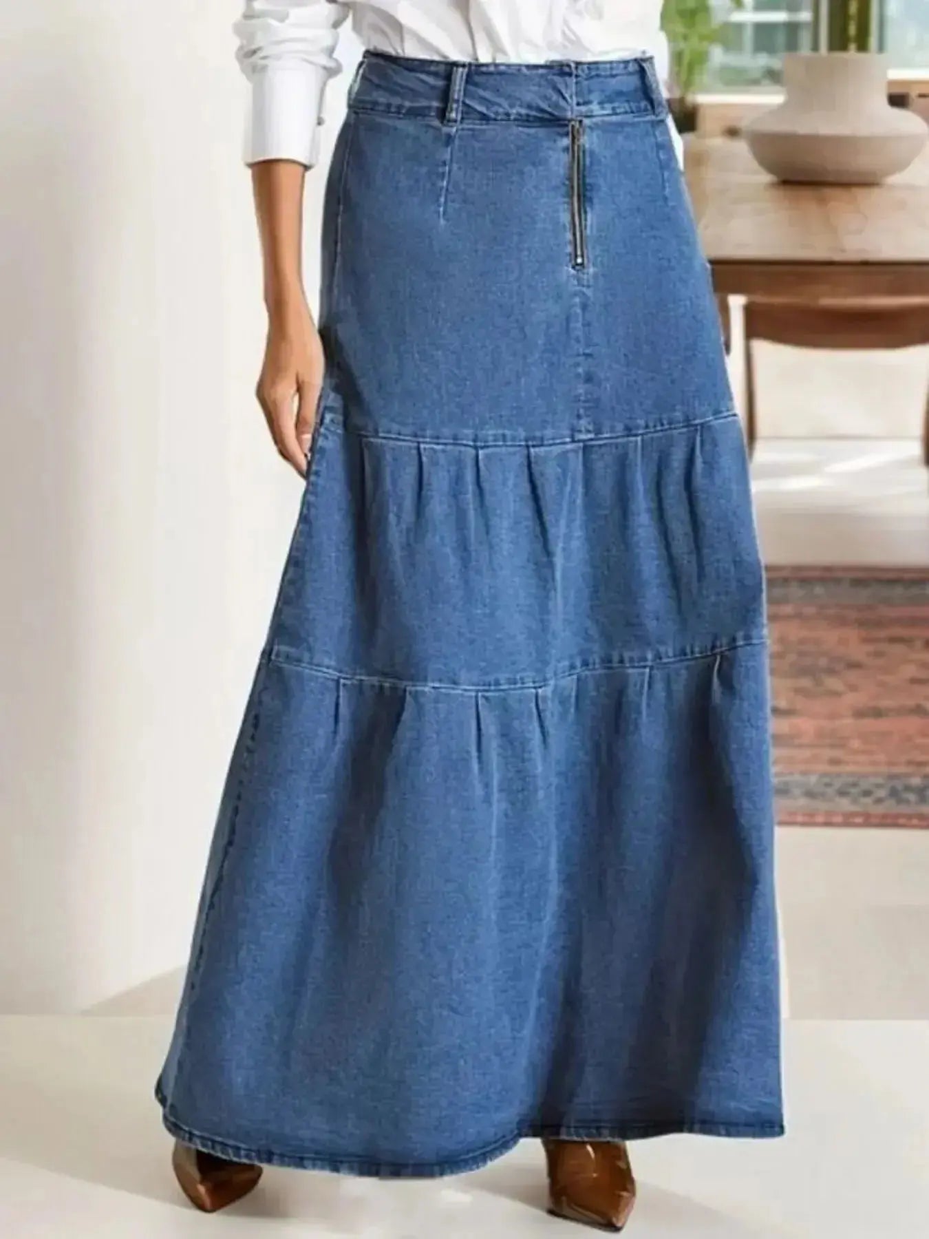 Tiered Maxi Denim Skirt with Zipper Detail - Plush Fashion Hub
