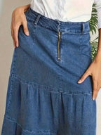 Tiered Maxi Denim Skirt with Zipper Detail - Plush Fashion Hub