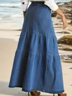 Tiered Maxi Denim Skirt with Zipper Detail - Plush Fashion Hub