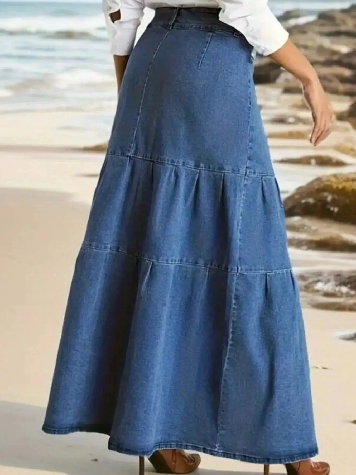 Tiered Maxi Denim Skirt with Zipper Detail - Plush Fashion Hub