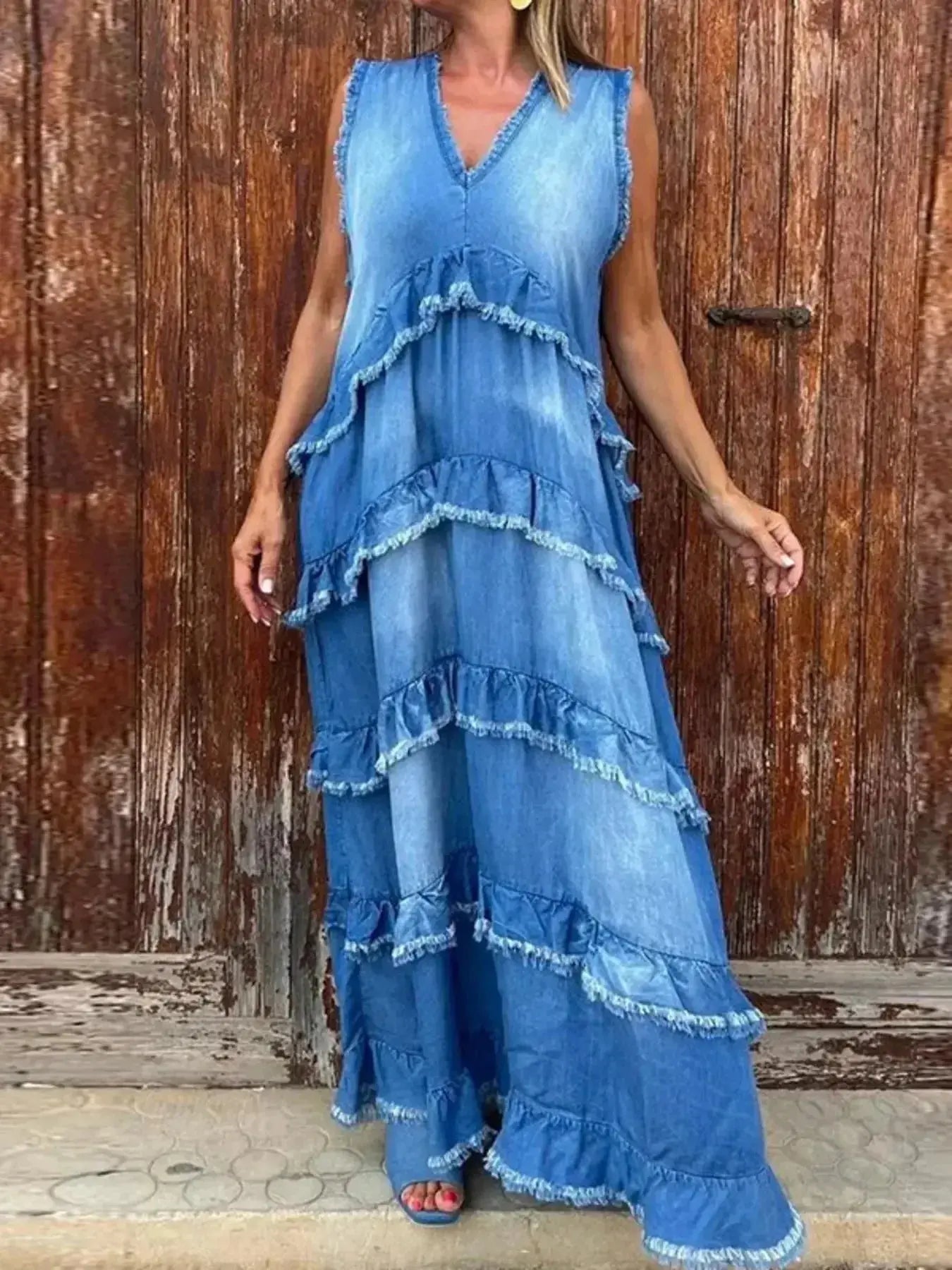 Raw Hem Layered Denim Maxi Dress - Plush Fashion Hub