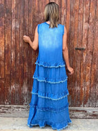 Raw Hem Layered Denim Maxi Dress - Plush Fashion Hub