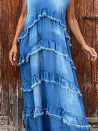 Raw Hem Layered Denim Maxi Dress - Plush Fashion Hub