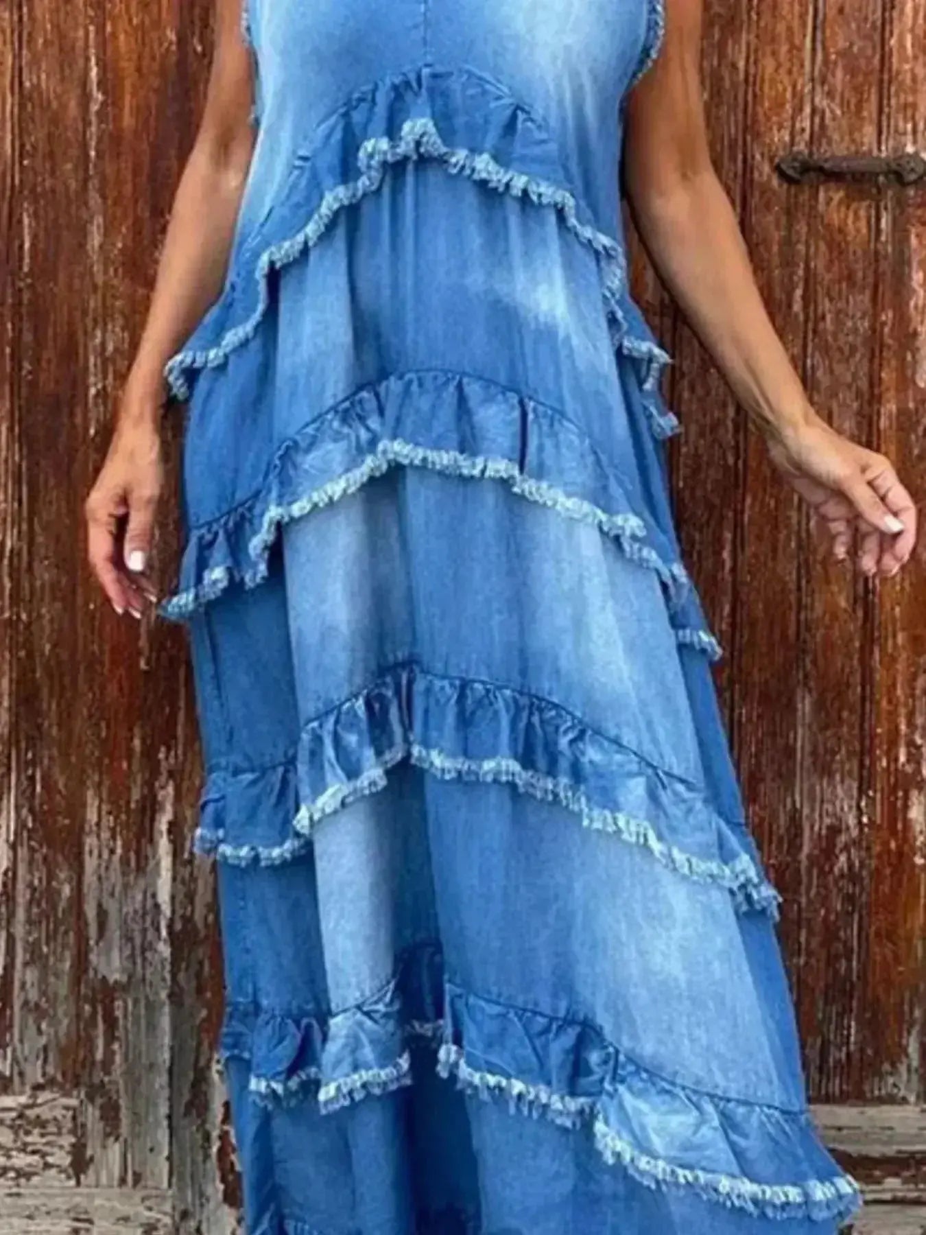 Raw Hem Layered Denim Maxi Dress - Plush Fashion Hub