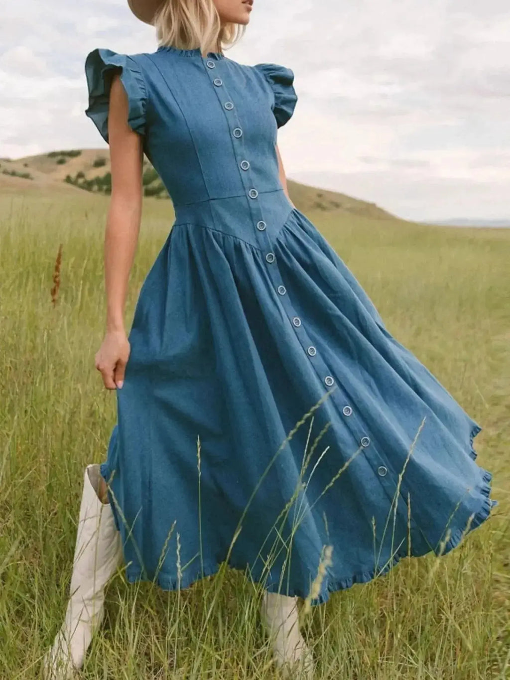 Ruffled Cap Sleeve Denim Dress - Plush Fashion Hub
