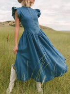 Ruffled Cap Sleeve Denim Dress - Plush Fashion Hub