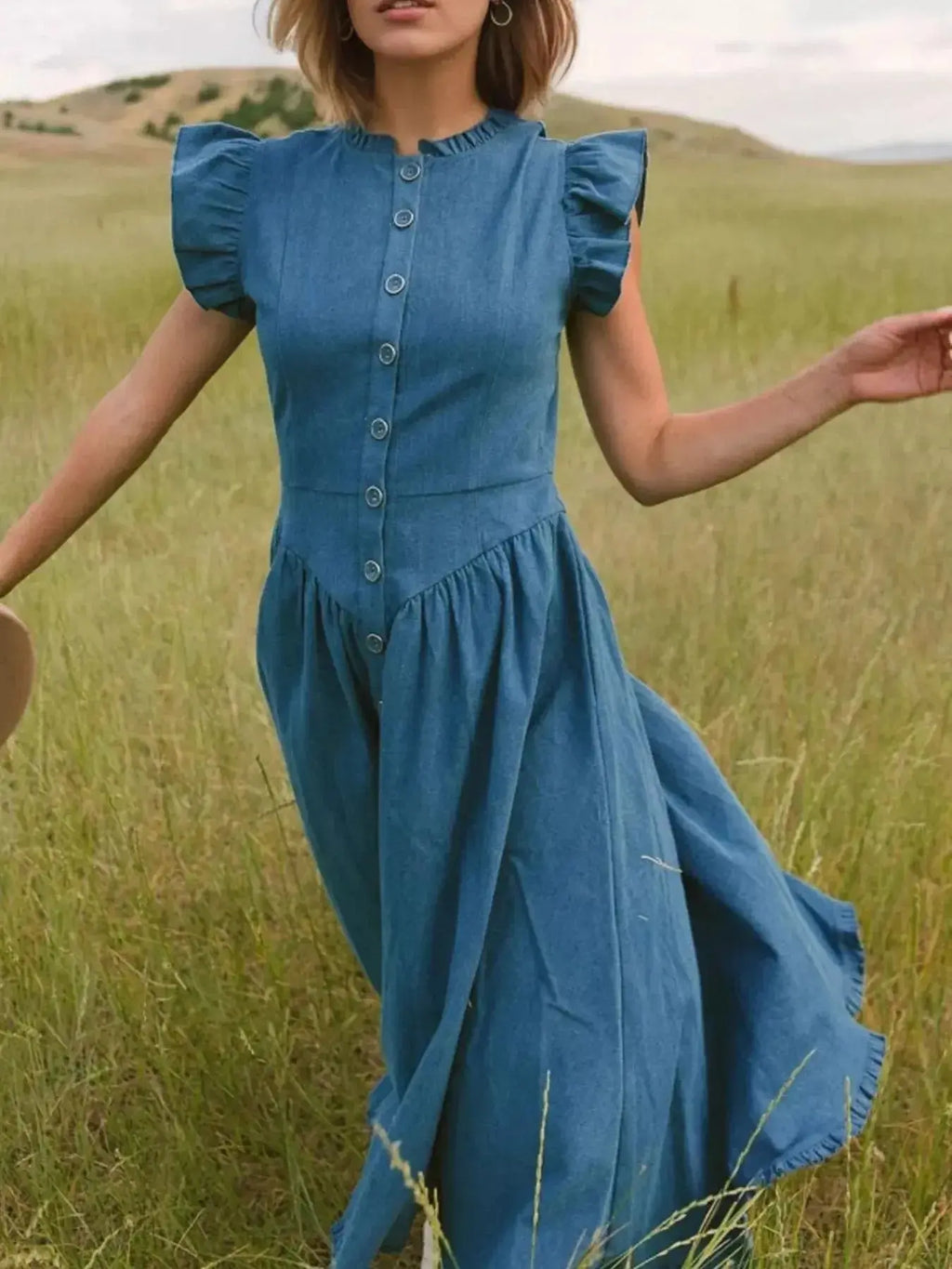 Ruffled Cap Sleeve Denim Dress - Plush Fashion Hub