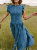 Ruffled Cap Sleeve Denim Dress - Plush Fashion Hub