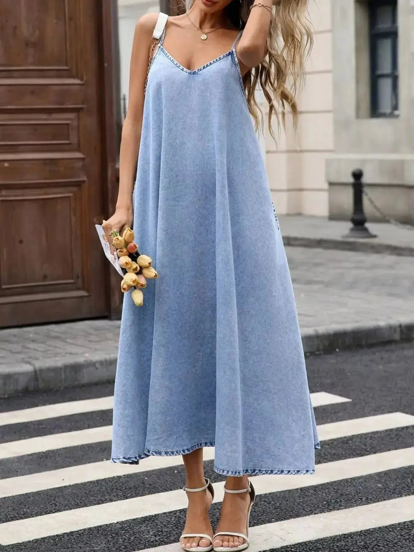 V-Neck Denim Cami Dress - Plush Fashion Hub