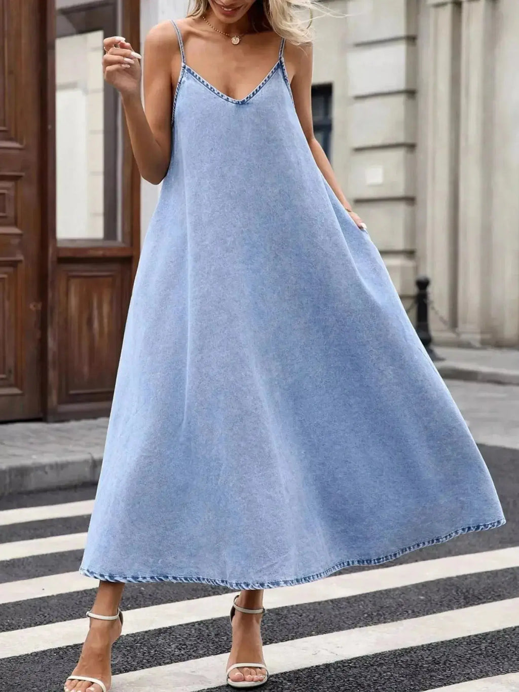 V-Neck Denim Cami Dress - Plush Fashion Hub