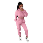 Women’s velvet padded hooded two-piece sweatshirt and pants set by Plush Fashion Hub, casual loungewear with a cozy, plush look.