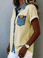 Denim trim short sleeve shirt from Trendsi, casual top with denim accents, displayed on a neutral background.