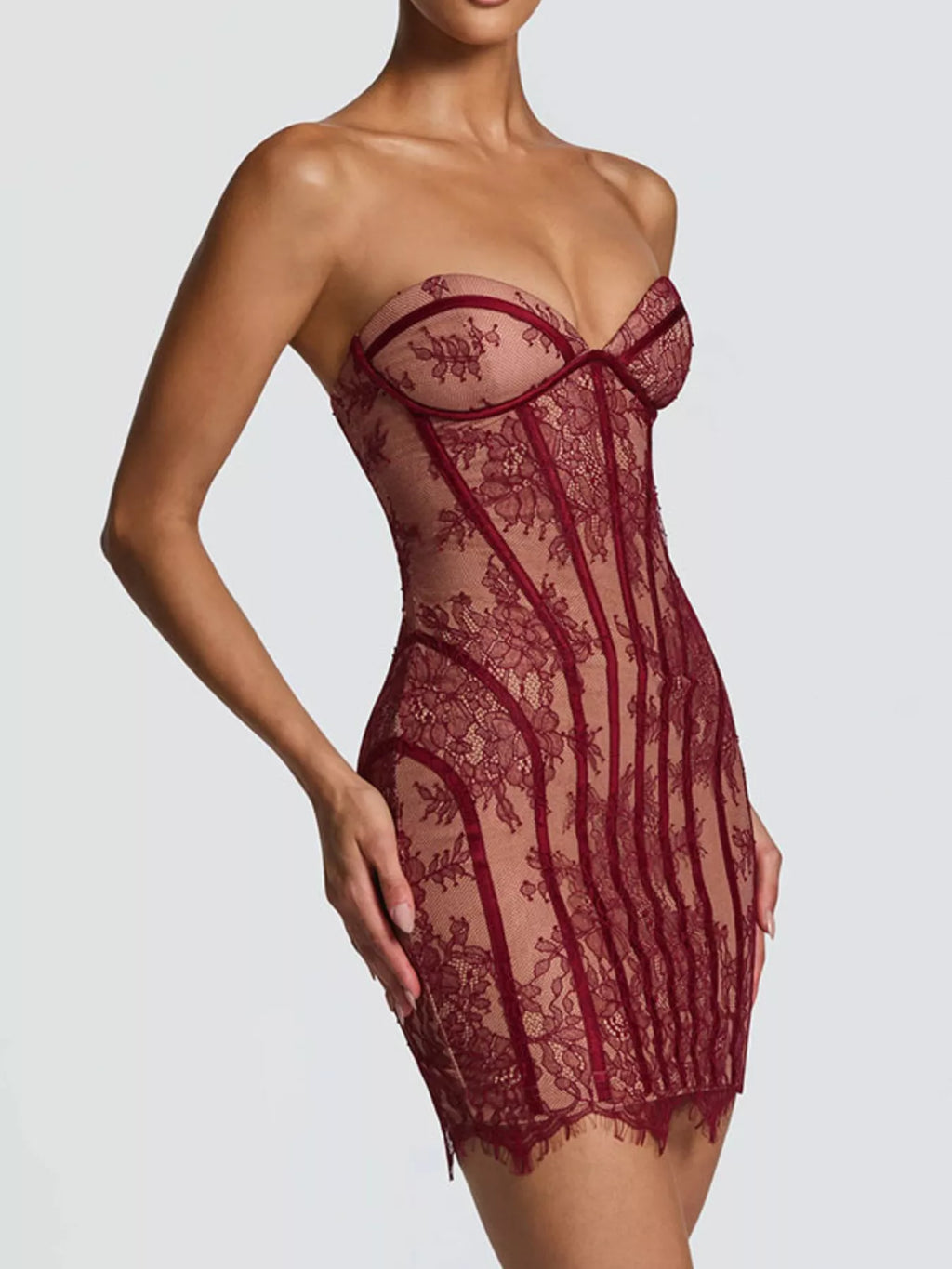 Lace detail tube mini dress by Trendsi featuring a fitted silhouette and elegant lace accents, perfect for stylish occasions.