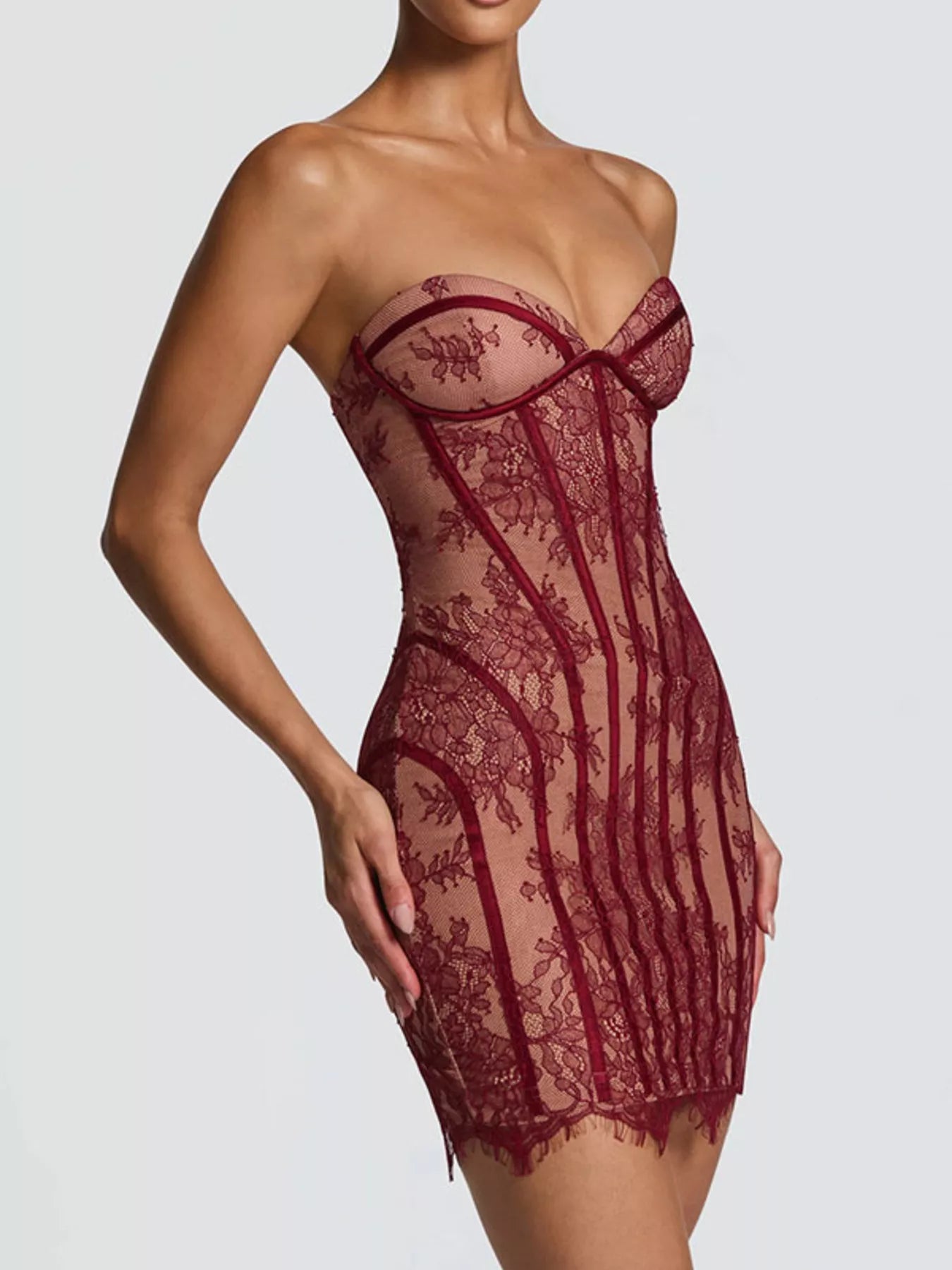Lace detail tube mini dress by Trendsi featuring a fitted silhouette and elegant lace accents, perfect for stylish occasions.