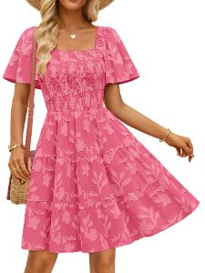 Women's smocked tiered square neck short sleeve casual dress with pockets by Trendsi, featuring a relaxed fit and stylish design.