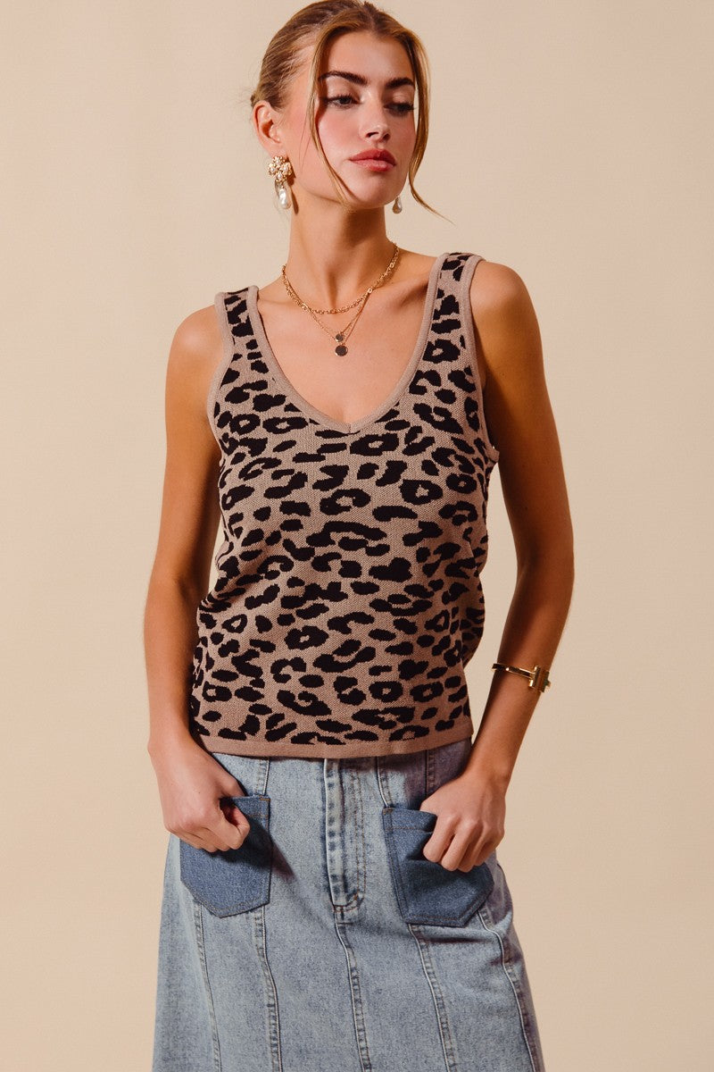 Women's leopard print lightweight V-neck knitted tank top by Trendsi, featuring a stylish leopard pattern and comfortable fit.